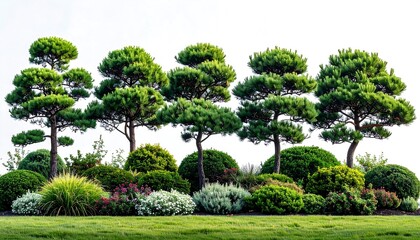 Scenic Landscape of Green Trees and Bushes with White Background