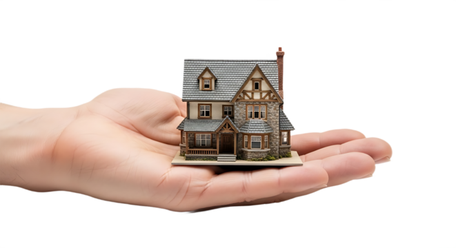 Detailed Miniature House Model Resting on an Open Palm