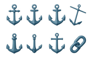 3D Anchor Icon Set. Classic anchors set icons in 3D color style: admiralty anchor, stockless anchor, fluke anchor, fisherman anchor, mooring anchor,