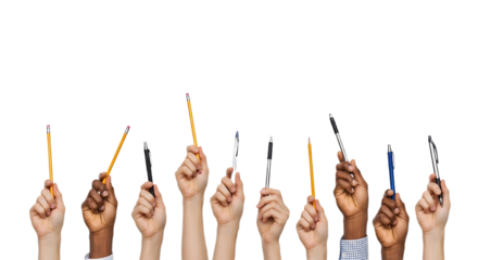 Diverse Hands Holding Pencils and Pens Raised Against White Background