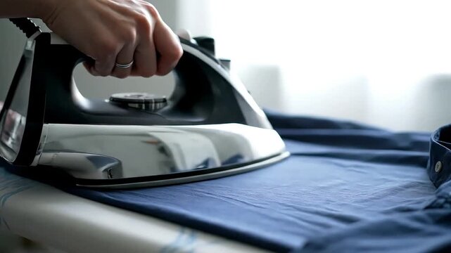 Precision and Care: A hand expertly guides a modern iron across a piece of clothing, smoothing out wrinkles and restoring order. Emphasizing the meticulousness and care required for impeccable attire.