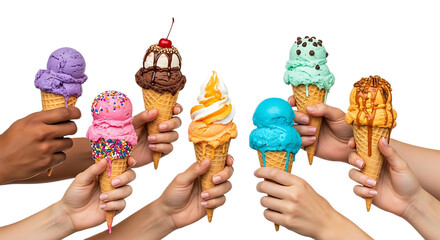 Diverse Hands Holding Seven Delicious Ice Cream Cones Against White