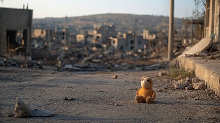 Fototapeta premium Abandoned Teddy Bear on a Desolate Street Among Rubble and Ruins, Symbolizing Innocence Lost in a Post-Conflict Landscape of Despair and Desolation