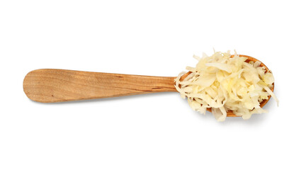 Wooden spoon with tasty sauerkraut on white background