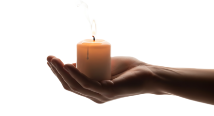 Hand Cupping a Lit Candle with Warm Glow and Rising Smoke