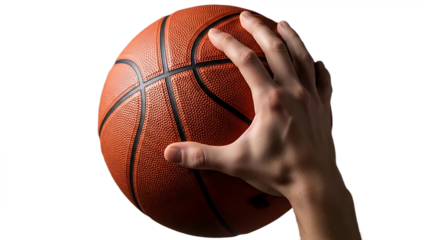 Hand Firmly Gripping a Textured Orange Basketball on a Grey Background