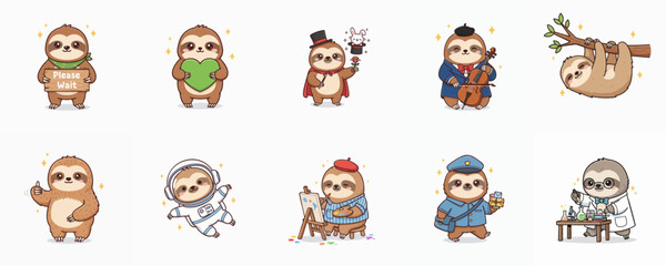 Collection of cartoon sloth characters in various costumes and activities on white background