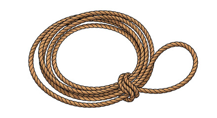 Coiled brown rope with loop on white background.