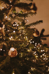 Close-Up of Christmas Tree with Lights and Ornaments