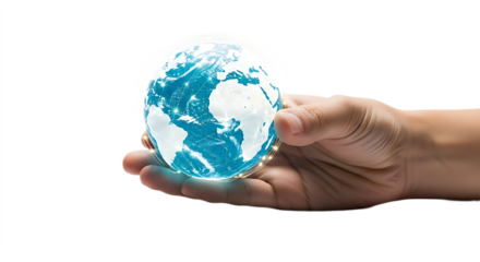 Hand Gently Holds a Radiant Blue Globe Showing Global Digital Network