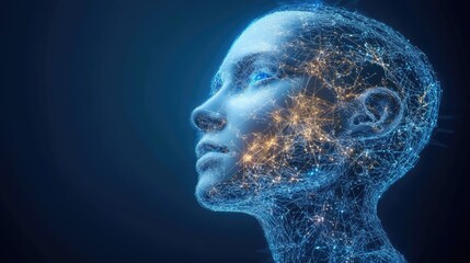 Obraz premium Futuristic Digital Portrait of a Human Figure with a Network of Interconnected Lines and Nodes Representing Artificial Intelligence and Connectivity in a Dark Environment