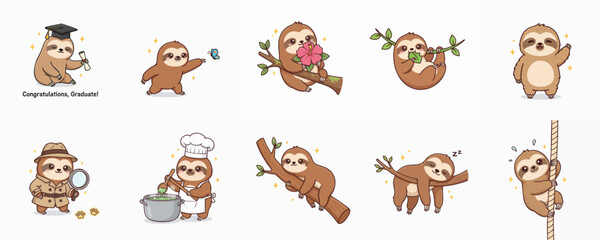 Collection of cute cartoon sloth illustrations depicting various humorous activities with accessories