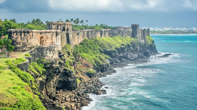 Historic coastal fortress with lush greenery and ocean waves