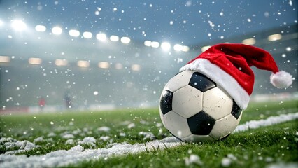 Naklejka premium Christmas Soccer Ball with Santa Hat on Snowy Field at Stadium.