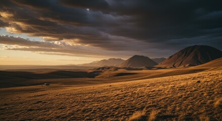 Dramatic sunset illuminates a vast, dry landscape, with rolling hills and mountains in the distance.