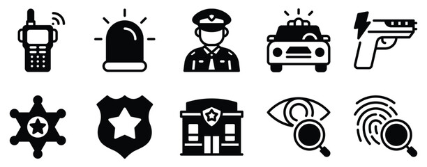 police icon solid mix style officer badge patrol car siren vector glyph symbol ui minimal flat web app for law justice and city safety © Artcuboy