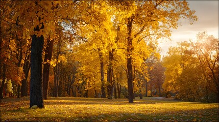 Fototapeta premium Beautiful autumn park bathed in golden sunlight