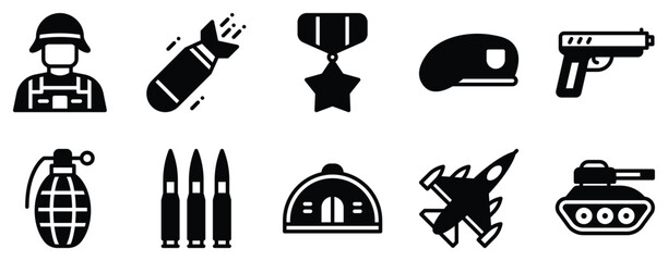 military icon solid mix style uniform badge rank star shield vector glyph symbol ui minimal flat web app defense patrol service and command