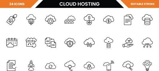 Cloud hosting icons set, isolated on white background, representing various cloud computing services and data storage solutions