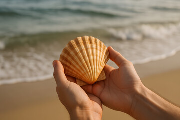 Hand Holding Seashell on Beach close up