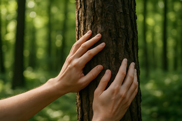 hand gently touching the rough bark of a large tree