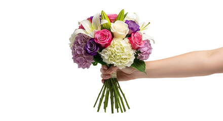 Hand Holding a Fresh Bouquet of Colorful Roses, Lilies, and Hydrangeas