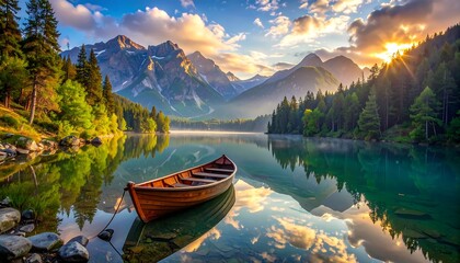 Scenic Landscape of Lake, Mountains, and Wooden Boat at Sunset