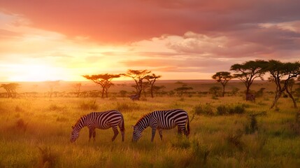 Fototapeta premium Zebras grazing in Serengeti sunset landscape