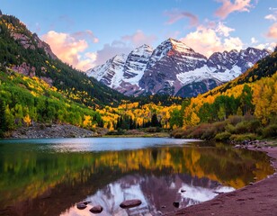 Scenic Landscape of Maroon Bells Mountains Reflected in a Serene Lake