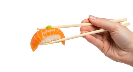Hand Holding a Piece of Fresh Salmon Nigiri Sushi with Chopsticks