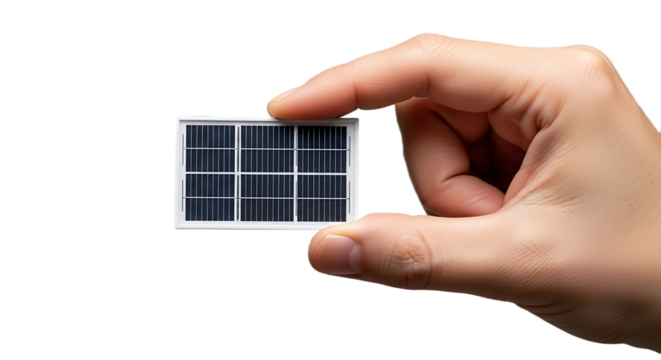 Hand Holding a Miniature Solar Panel Against a Plain Grey Background