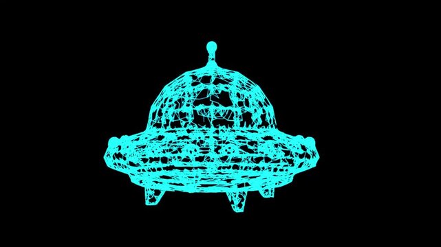 UFO vehicle unidentified flying saucer alien ship. Wireframe low poly mesh. Available in FullHD and 4K video