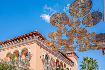 Mediterranean Style La Roca Shopping Village with Woven Basket Art Installation, Barcelona Area, Hanging Wicker Shades, Luxury Outlet Summer Shopping