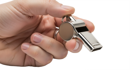 Hand Holding a Shiny Silver Metal Whistle Against a White Background