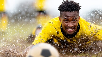 Authentic Action Shots Sport, Movement, Challenge, Dynamic Soccer Player Performing Sliding Tackle on Wet Field, Mud Splash Action Shot with Copy Space for Text