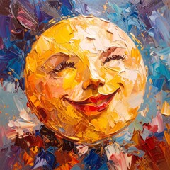 A cheerful and expressive impasto oil painting of a smiling moon face. The thick, textured brush strokes create a vibrant and dreamy artwork for a good night.
