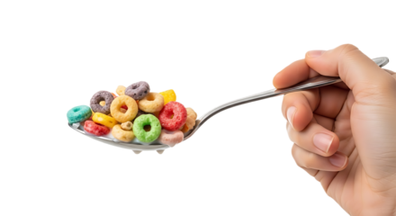 Hand Holding a Spoon Overflowing with Vibrant Fruit Loop Cereal and Milk