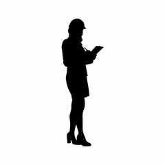 Silhouette of a female engineer taking notes near construction crane isolated on white background