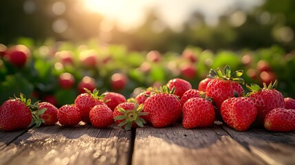 Fresh strawberries on a rustic wooden table in a sunlit garden setting.