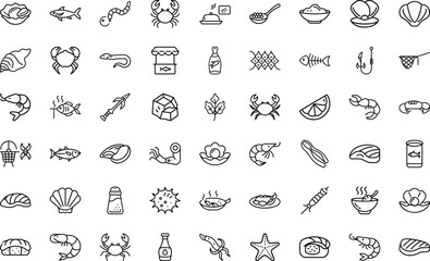 Seafood  Vector icons set. seafood, fish, crab, shrimp, lobster, shell, ocean, marine, food, restaurant, dish, cooking, meal Vector illustration
