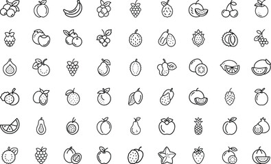 Fresh Fruit Collection Vector Icon Set. Featuring, Apple, Orange, Watermelon, Cherry, Peach, Strawberry, Pineapple, And Grape Editable Stroke vector Illustration.
