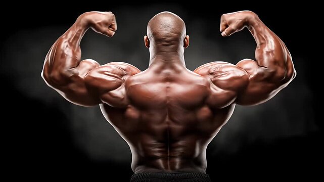 Muscular bald man flexing biceps and back muscles, dark background
