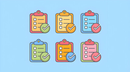 Checklist-equipped clipboards that include vector EPS10 illustrations, editable strokes, pixel-perfect, and flat line icons