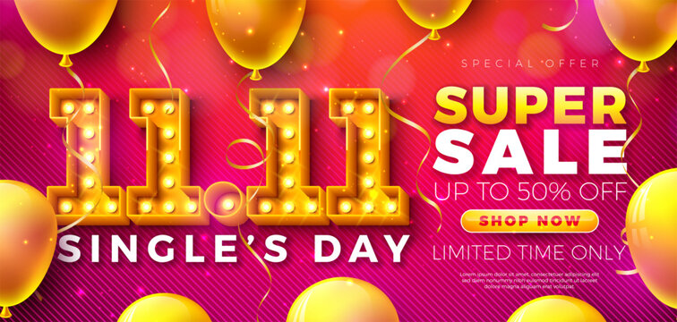 Singles Day 11 November Shopping Day Sale Design with 3d 11.11 Light Bulb Number, Stage Podium and Falling Confetti on Red Background. Chinese Mid Autumn Vector Special Offer Discount Illustration for
