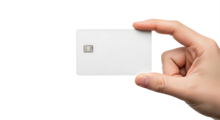 Hand Holding Blank White Credit Card with Emv Chip on White