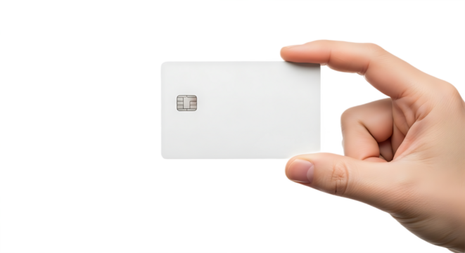 Hand Holding Blank White Credit Card with Emv Chip on White