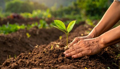 Hands planting a small seedling in rich soil outdoors.