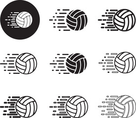 Nine volleyball icons with motion trails on transparent background silhouette