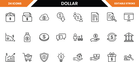 Dollar currency icons set, representing finance, investment, banking, and economic growth, isolated on white background