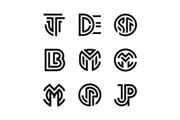 A collection of nine unique black and white letter based logo designs